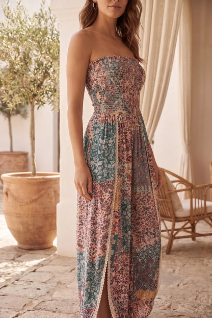 Vestido largo estampado floral sin tirantes, ideal para verano y ocasiones especiales