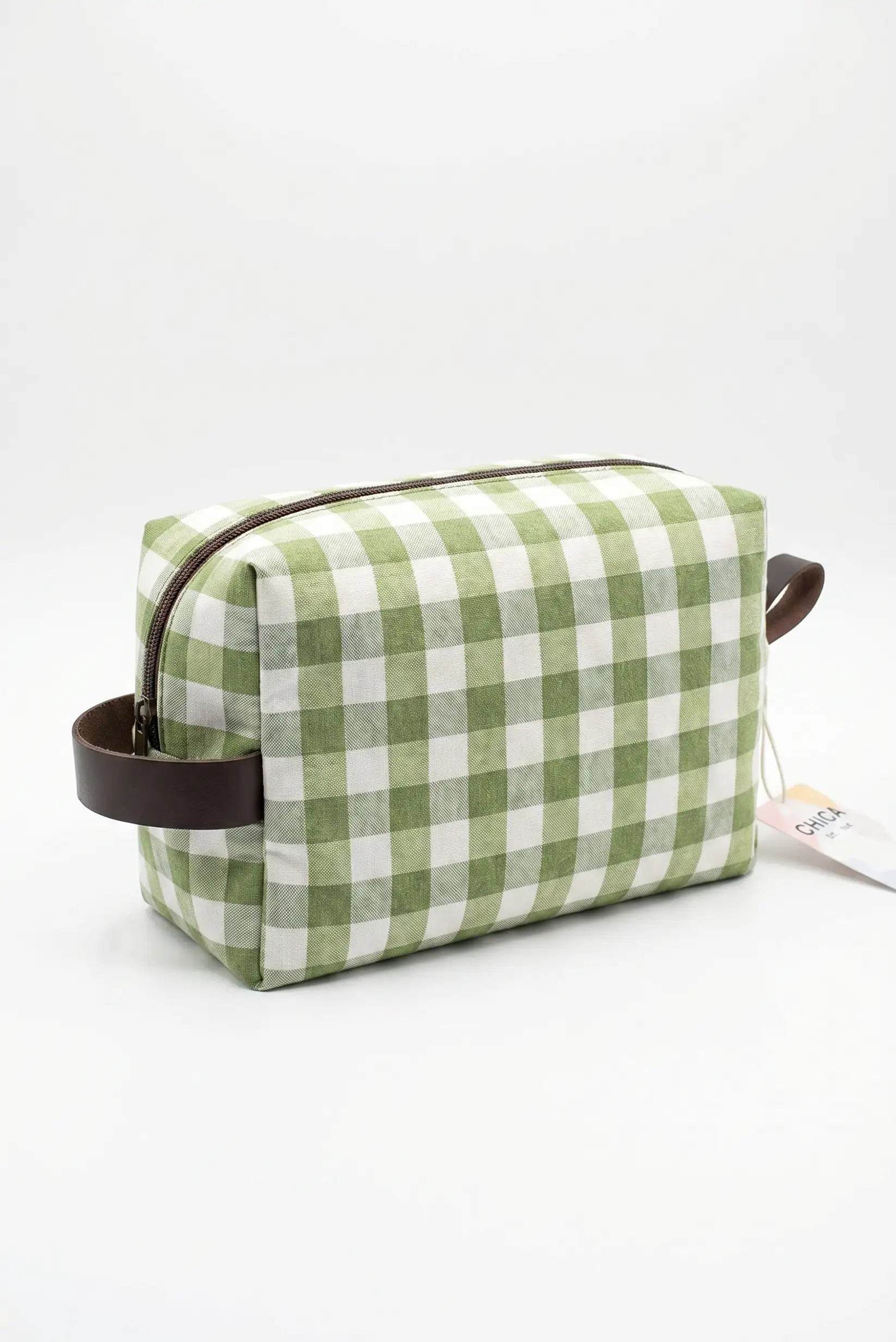 Neceser rectangular estampado cuadros vichy verde y blanco con asas marrones