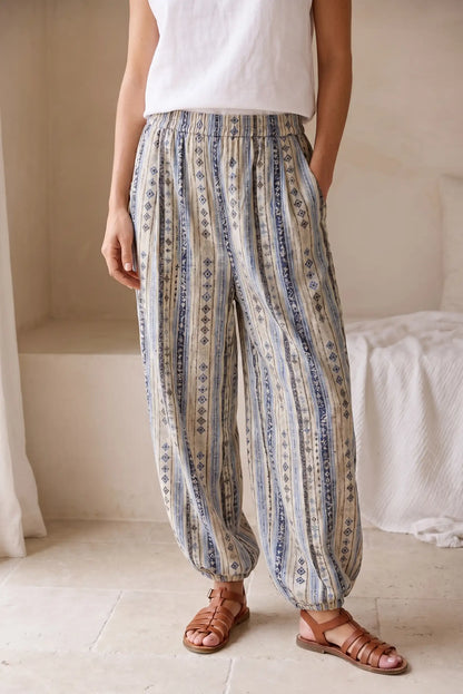 Pantalón bombacho largo mujer estampado étnico azul y beige, estilo casual