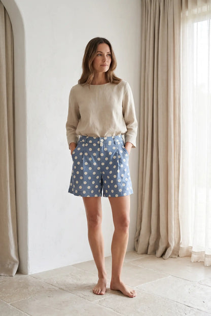 Pantalón Corto Azul de Lunares Blancos para Mujer 100% Algodón