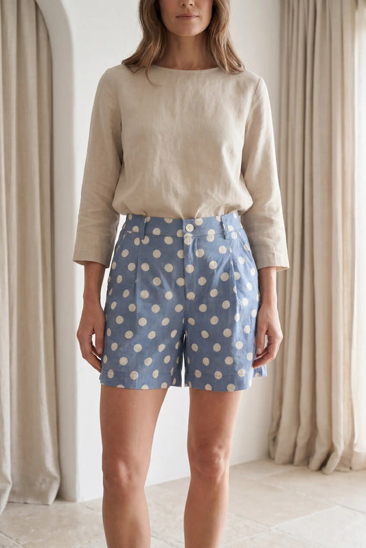 Pantalón Corto Azul de Lunares Blancos para Mujer 100% Algodón