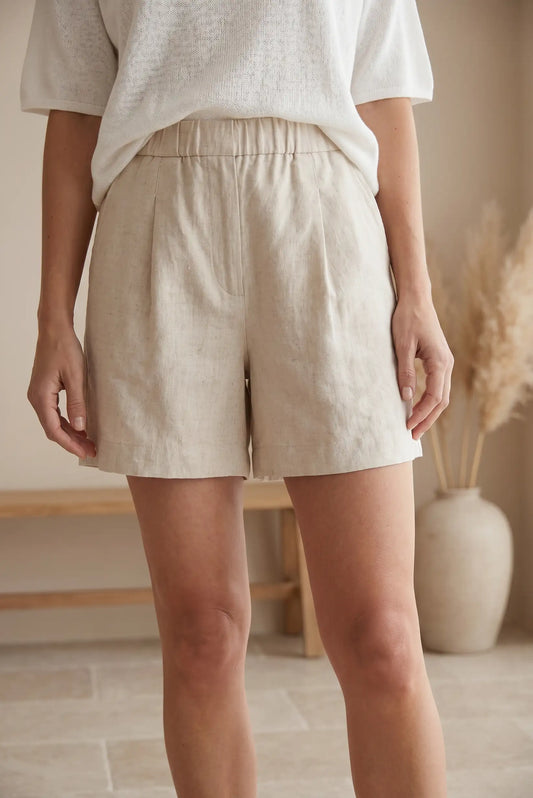 Pantalón Corto Beige de Lino y Algodón para Mujer