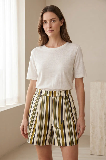 Pantalón Corto Mujer de Rayas Beige y Verde 100% Algodón