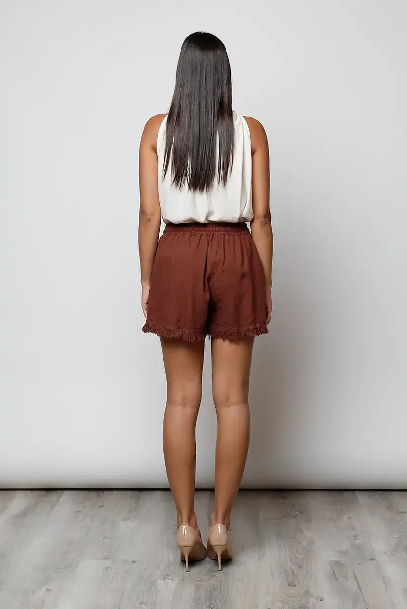 Short Mujer Burdeos Deshilachado Tiro Medio Lino Verano Casual - CHICA del Sur