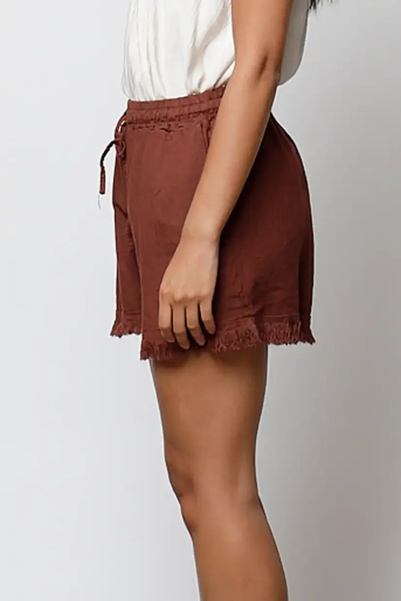 Short Mujer Burdeos Deshilachado Tiro Medio Lino Verano Casual - CHICA del Sur