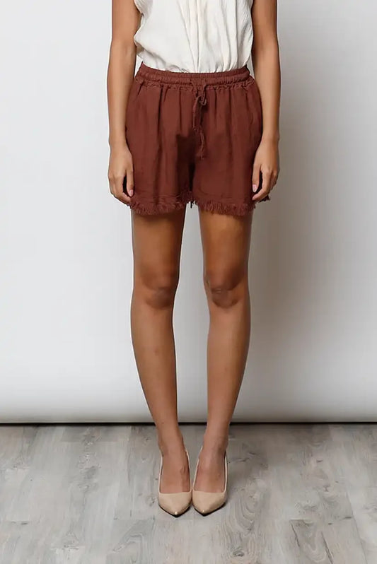 Short Mujer Burdeos Deshilachado Tiro Medio Lino Verano Casual - CHICA del Sur
