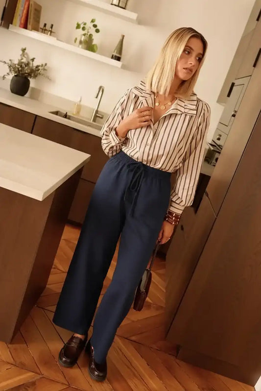 Navy blue women's fluid trousers, 100% cotton, comfortable, wide leg