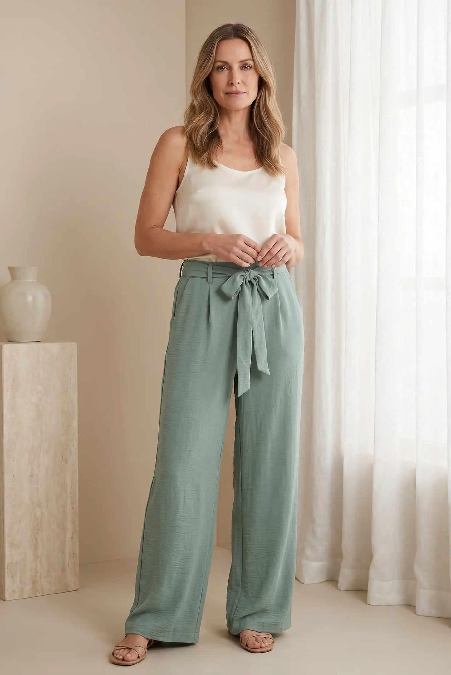 Pantalones anchos verdes con cinturón, top blanco y sandalias, look casual y cómodo para mujer