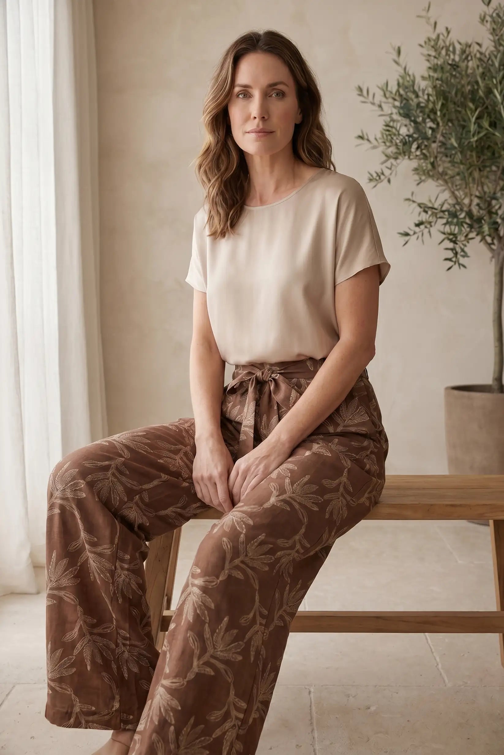 Mujer con camiseta beige y pantalones anchos estampados, moda casual cómoda y estilosa