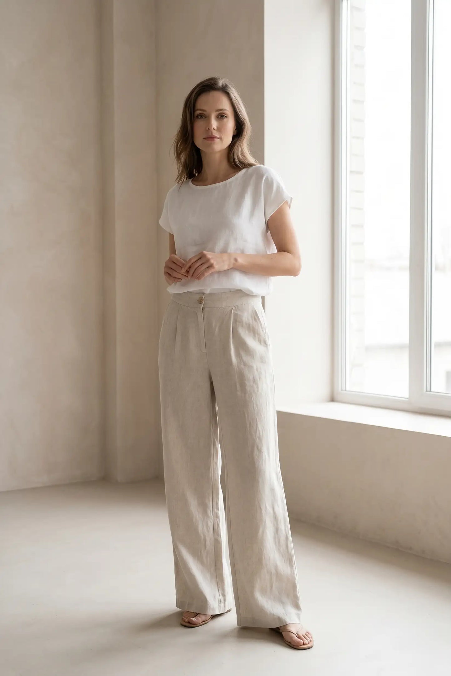 Pantalón Largo Fluido de Lino Beige Claro para Mujer