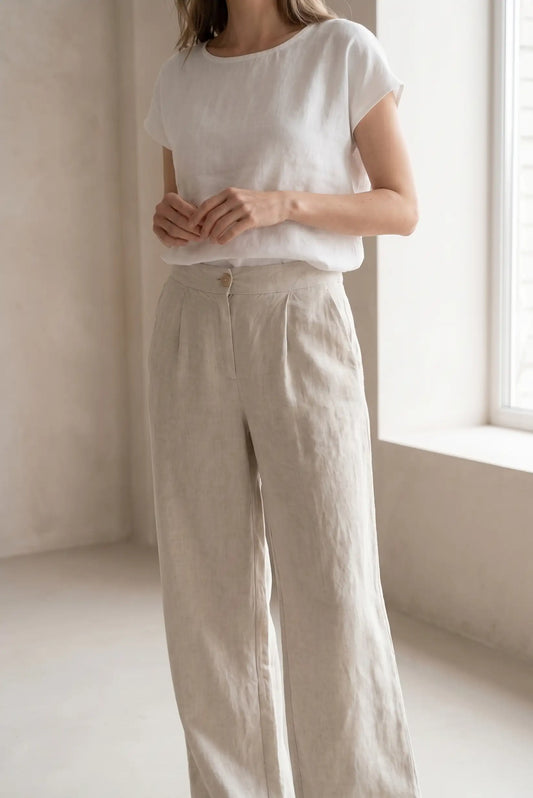 Pantalón Largo Fluido de Lino Beige Claro para Mujer
