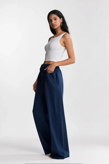 Pantalón largo fluido mujer azul marino 100% lino - CHICA del Sur