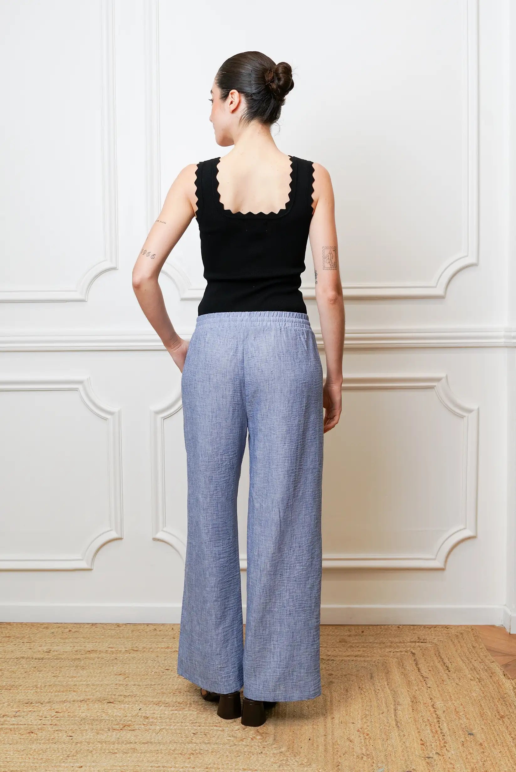 Pantalón largo azul mujer, corte recto, estilo casual para primavera