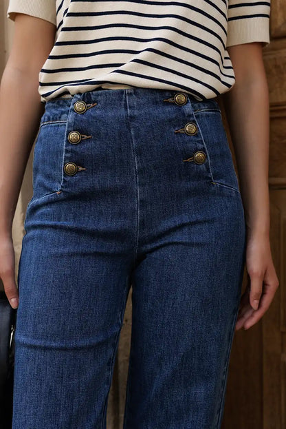 Pantalón Mujer Azul Talle Alto Campana con Botones Dorados Denim - CHICA del Sur