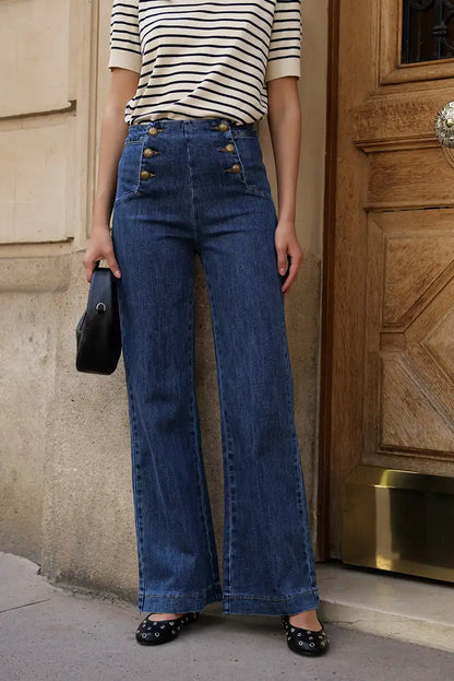 Pantalón Mujer Azul Talle Alto Campana con Botones Dorados Denim - CHICA del Sur