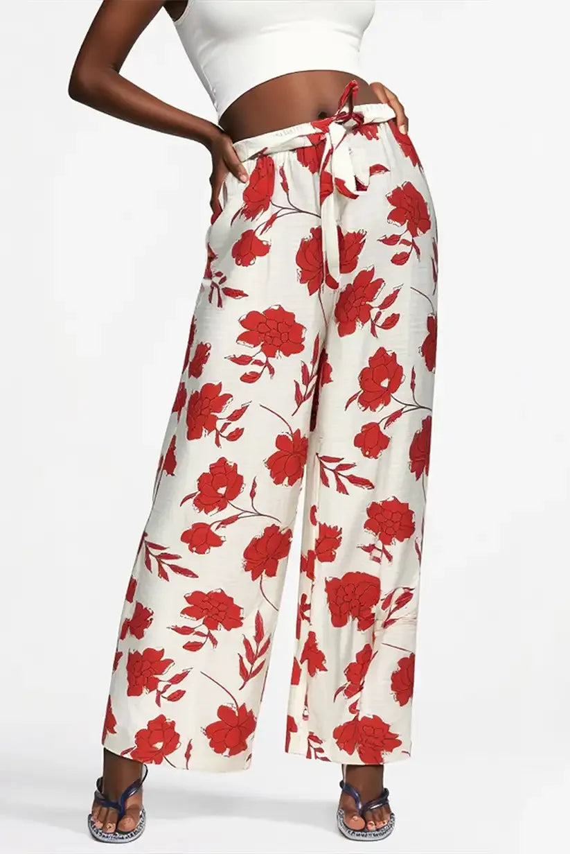 Pantalón Fluido Mujer Beige Floral Rojo Cómodo Elegante Verano - CHICA del Sur