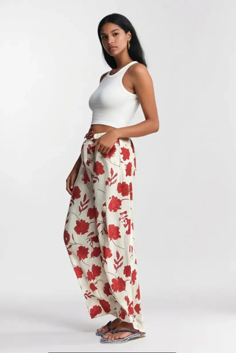 Pantalón Fluido Mujer Beige Floral Rojo Cómodo Elegante Verano - CHICA del Sur