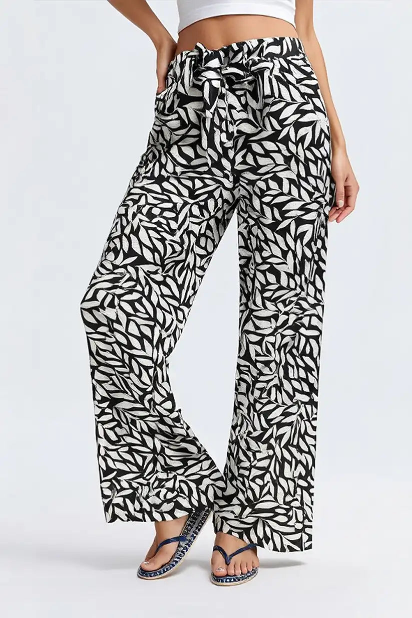 Pantalón Mujer Fluido Negro Estampado Hojas Blancas Cintura Alta - CHICA del Sur