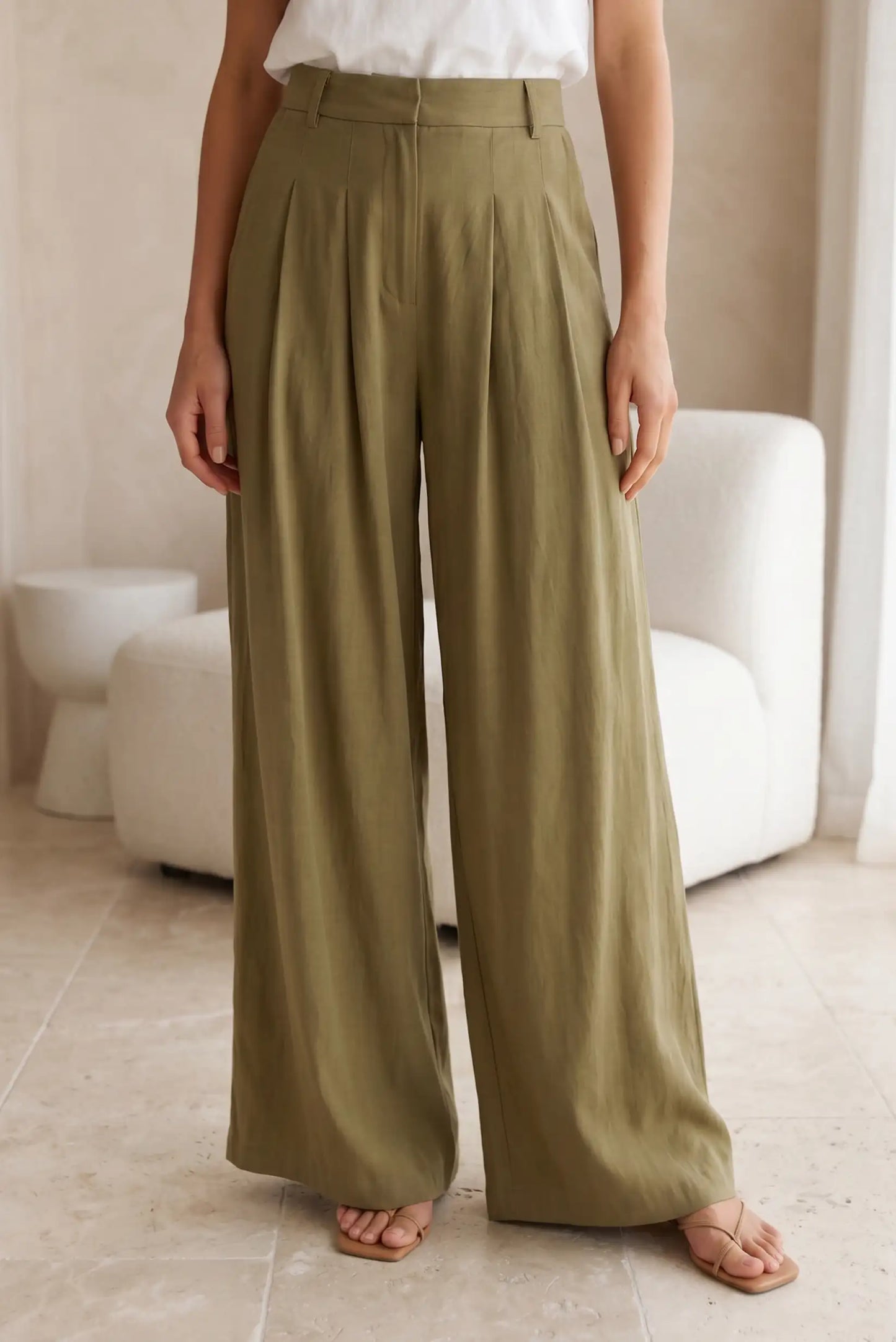Pantalón largo fluido verde para mujer, corte ancho, look casual elegante