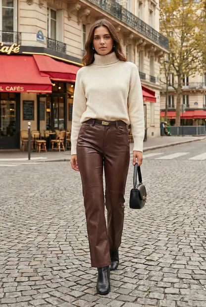 Mujer con pantalón largo marrón de polipiel y suéter beige en calle adoquinada cerca de café