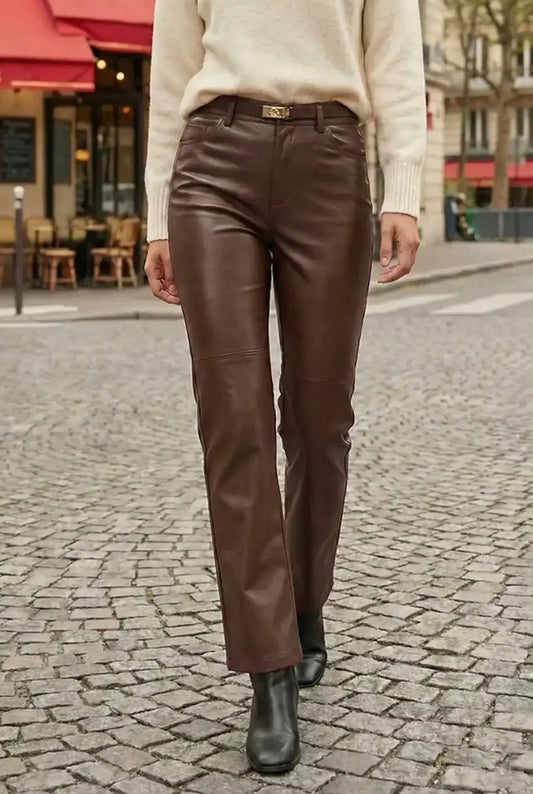 Pantalón largo mujer polipiel marrón chocolate con cinturón y botines negros en calle adoquinada