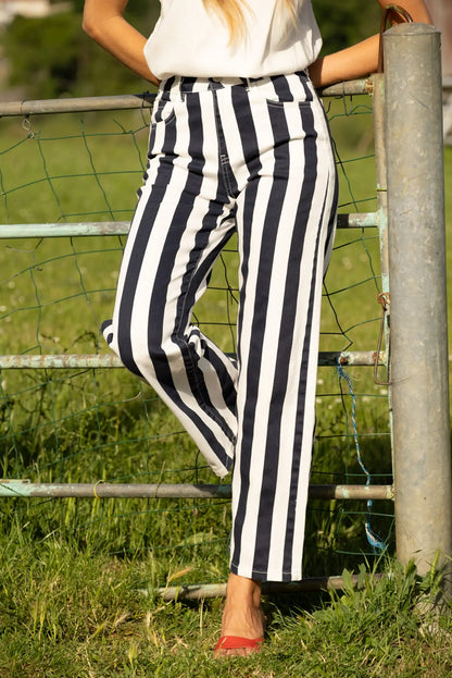 Pantalón Largo de Rayas Azul Marino y Blanco para Mujer