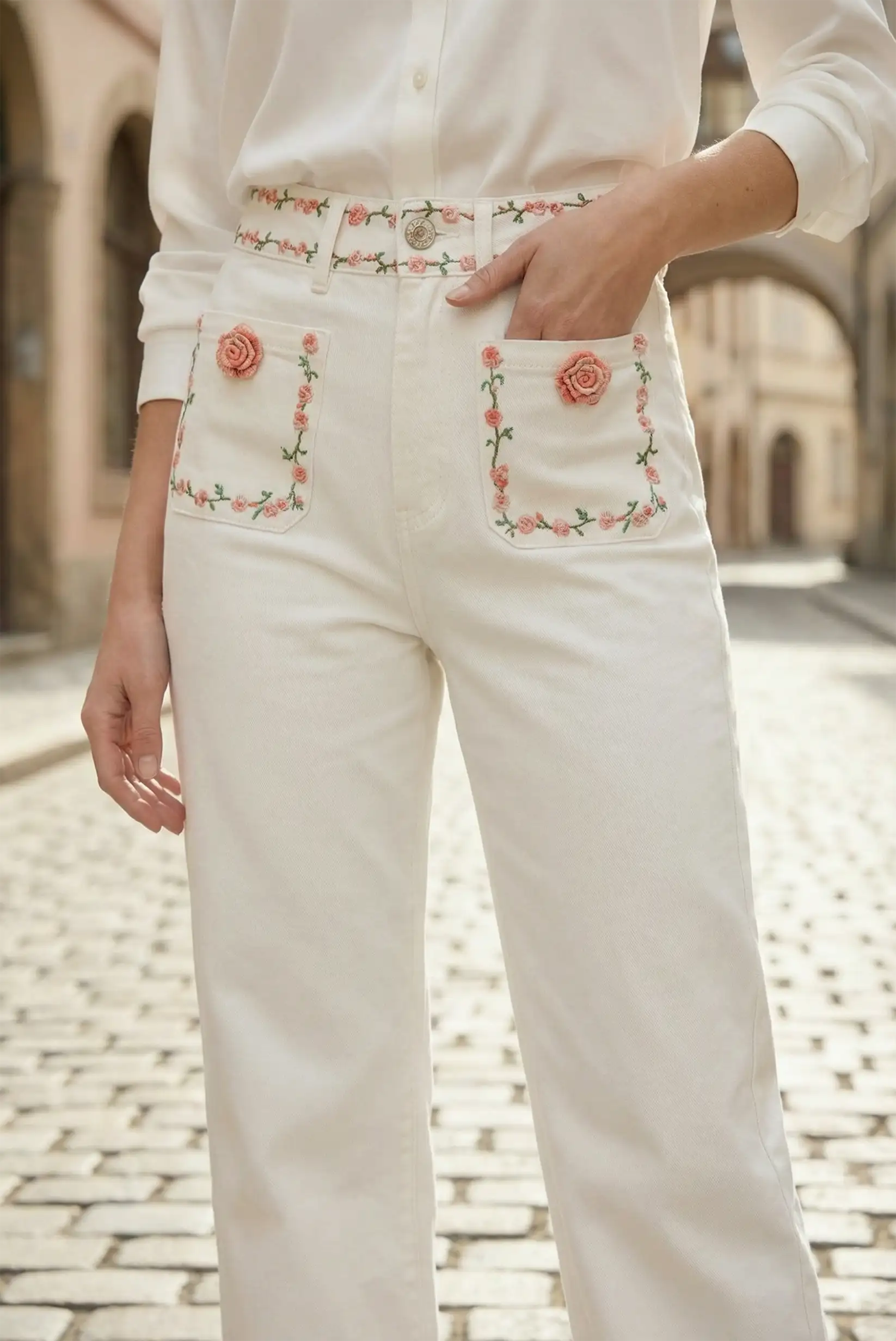 Pantalón blanco mujer corte recto con bordados florales, moda casual CHICA del Sur