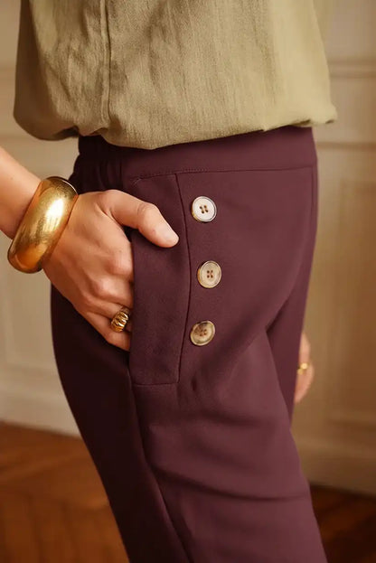 Pantalón Burdeos Mujer Estilo Marinero Cintura Alta con Botones - CHICA del Sur