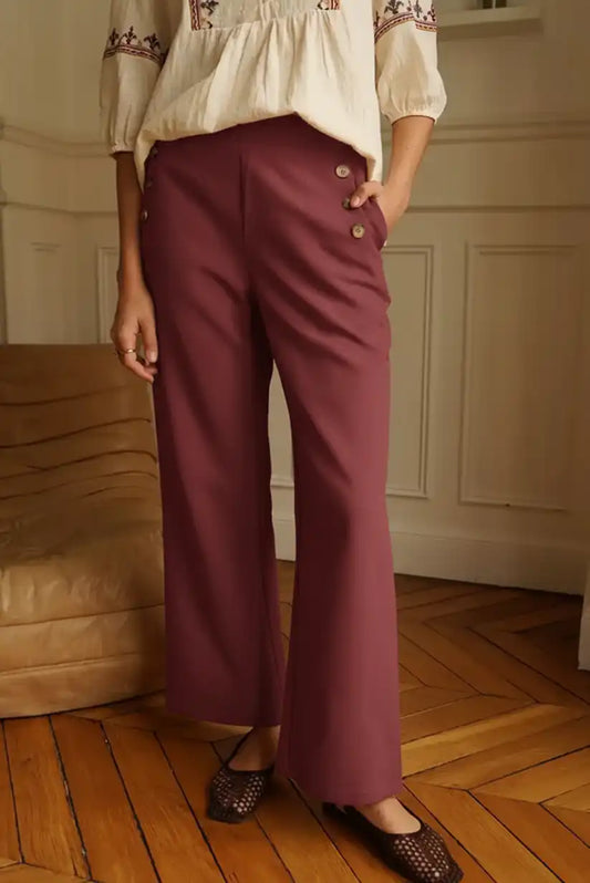 Pantalón Burdeos Mujer Estilo Marinero Cintura Alta con Botones - CHICA del Sur