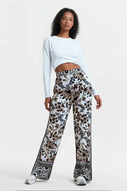 Pantalón largo fluido mujer verano beige estampados florales chocolate - CHICA del Sur