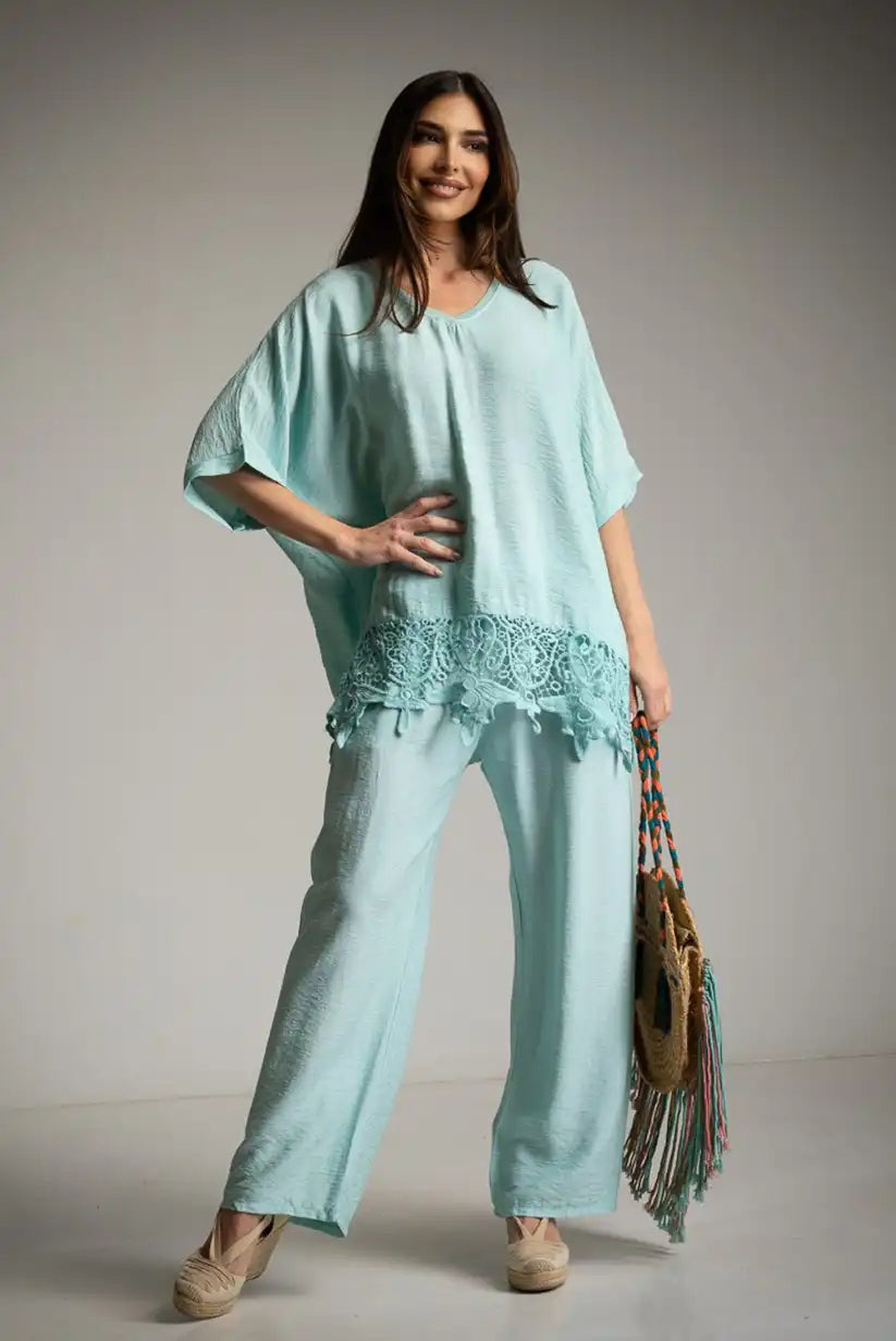 Pantalón fluido turquesa con bolsillos y cintura con cordón - CHICA del Sur