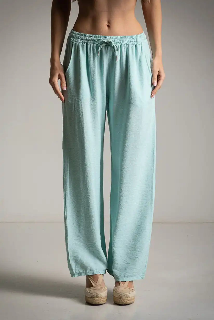 Pantalón fluido turquesa con bolsillos y cintura con cordón - CHICA del Sur