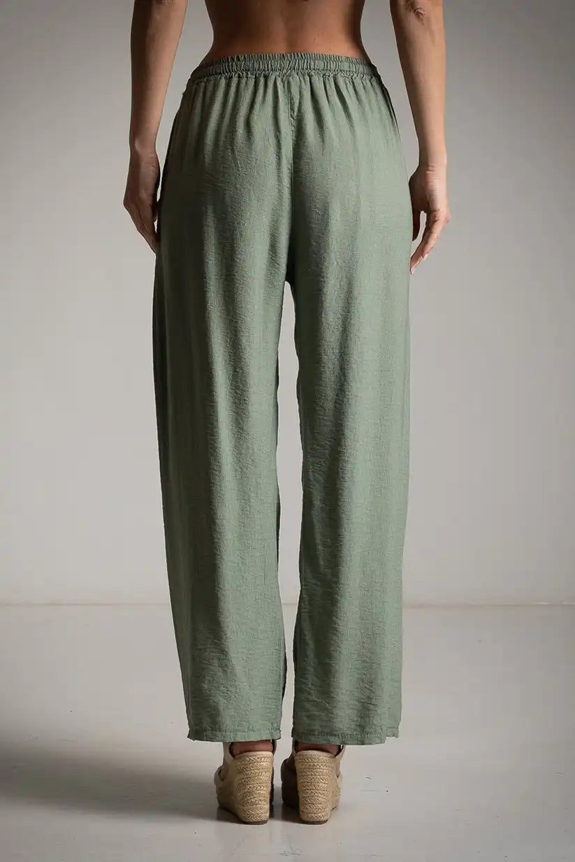 Pantalón fluido verde kaki con bolsillos y cordón - CHICA del Sur