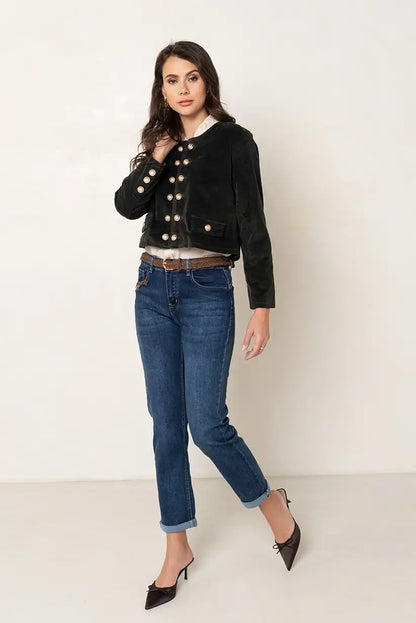 Pantalón Vaquero Recto Mujer Azul con Bordado de Mariposas - CHICA del Sur