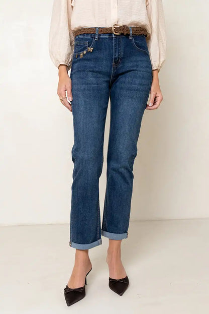 Pantalón Vaquero Recto Mujer Azul con Bordado de Mariposas - CHICA del Sur
