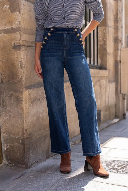 Pantalón Vaquero Ancho Mujer Azul Botones Dorados Talle Alto - CHICA del Sur