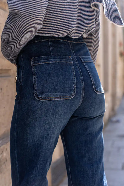 Pantalón Vaquero Ancho Mujer Azul Botones Dorados Talle Alto - CHICA del Sur