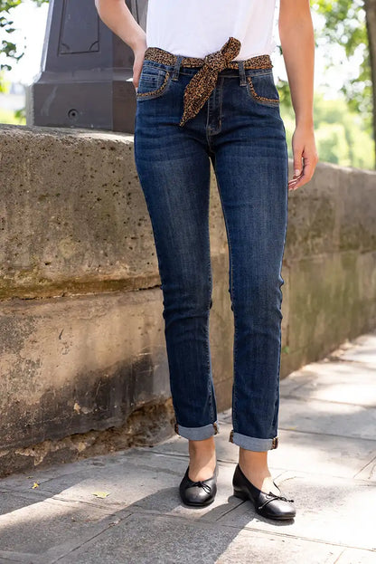 Pantalón vaquero recto mujer azul con animal print moderno - CHICA del Sur