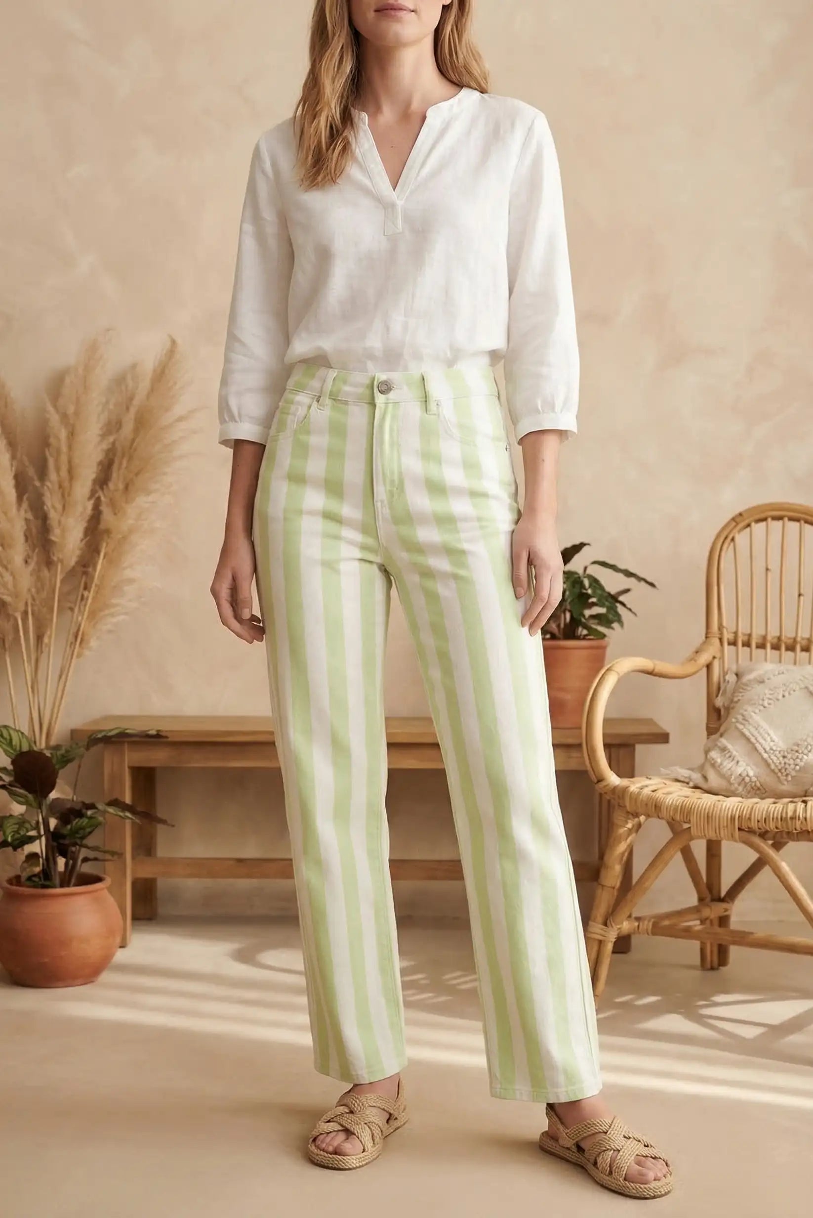 Pantalón vaquero de mujer con rayas blancas y verde menta, estilo casual de primavera.