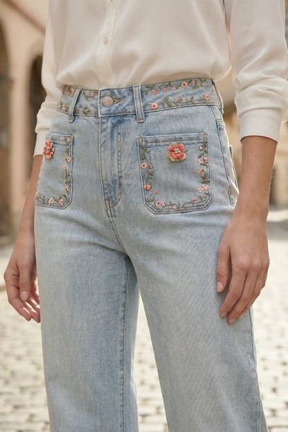 Pantalón vaquero mujer azul claro con bordado floral, estilo primavera de CHICA del Sur
