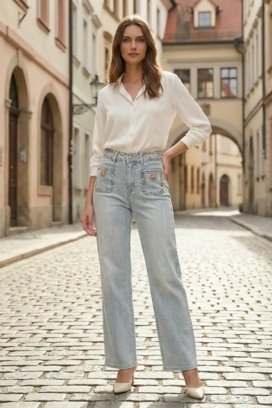 Mujer con pantalón vaquero azul claro floral de primavera y blusa blanca en calle adoquinada, moda femenina CHICA del Sur
