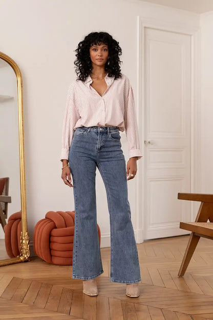 Pantalón Vaquero Campana Azul claro mujer Cintura Alta 5 Bolsillos - CHICA del Sur