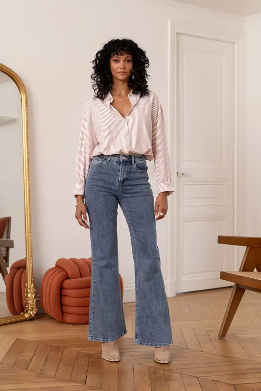 Pantalón Vaquero Campana Azul claro mujer Cintura Alta 5 Bolsillos - CHICA del Sur