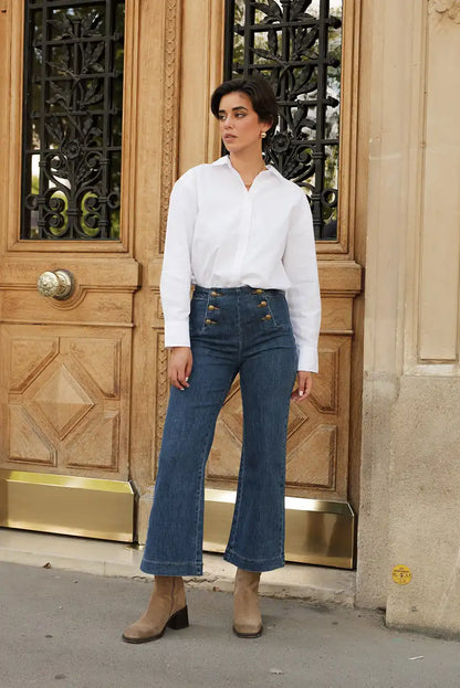 Pantalón Vaquero Campana Azul Mujer con Botones Dorados Marinero - CHICA del Sur