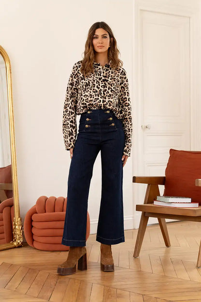 Pantalón Vaquero Campana Azul Oscuro Mujer Botones Dorados - CHICA del Sur