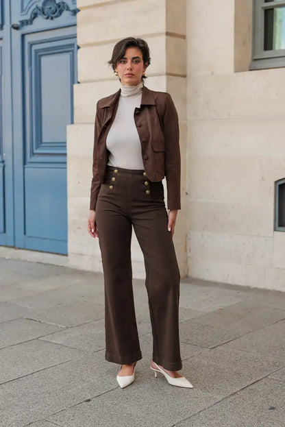 Pantalón Vaquero Mujer Campana Marrón Chocolate Botones Dorados - CHICA del Sur