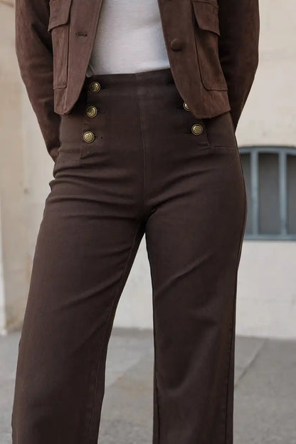 Pantalón Vaquero Mujer Campana Marrón Chocolate Botones Dorados - CHICA del Sur
