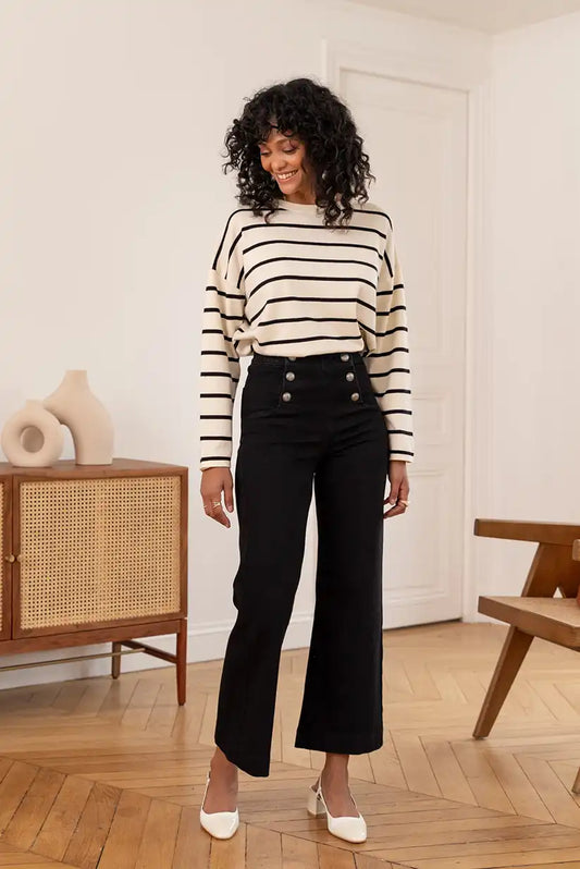 Pantalón Vaquero Negro Mujer Campana Talle Alto Botones Elegante - CHICA del Sur