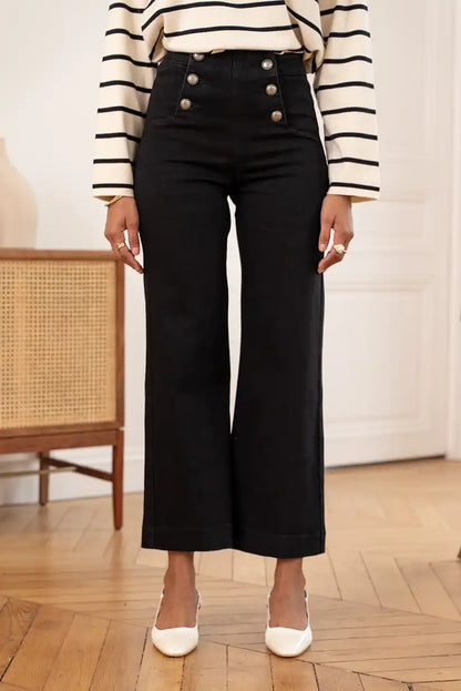 Pantalón Vaquero Negro Mujer Campana Talle Alto Botones Elegante - CHICA del Sur