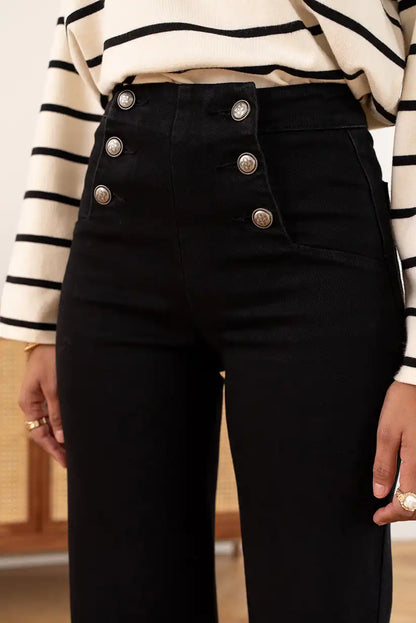 Pantalón Vaquero Negro Mujer Campana Talle Alto Botones Elegante - CHICA del Sur